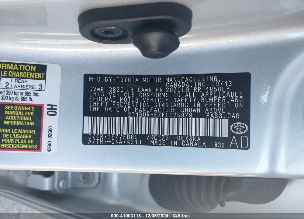 2014 TOYOTA COROLLA S PLUS VIN: 2T1BURHE7EC025878