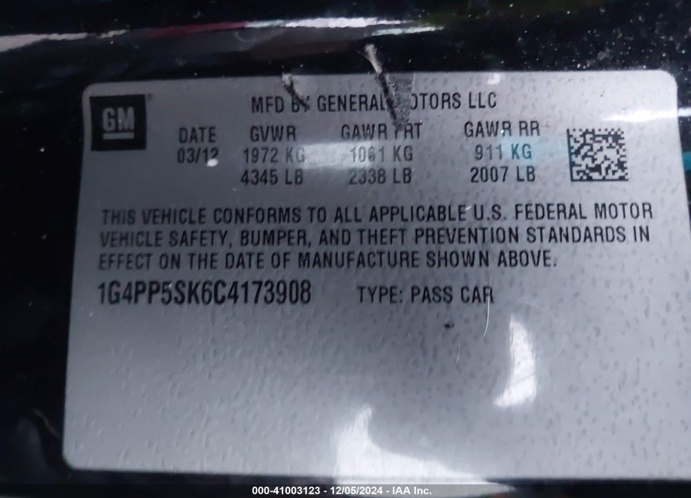 2012 BUICK VERANO VIN: 1G4PP5SK6C4173908
