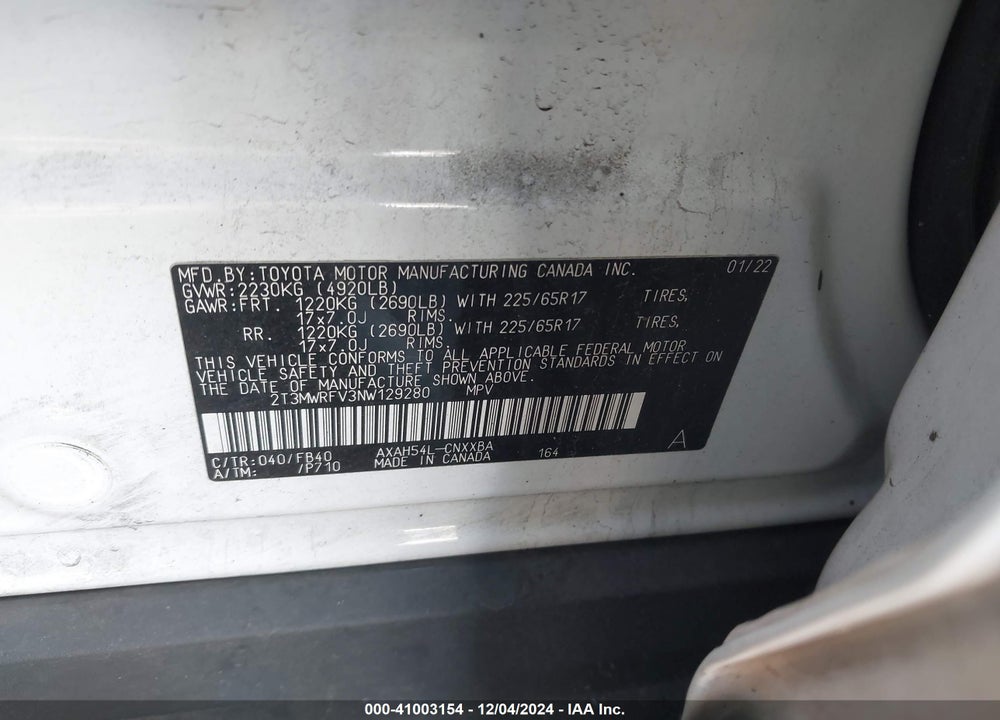 2022 TOYOTA RAV4 HYBRID LE VIN: 2T3MWRFV3NW129280