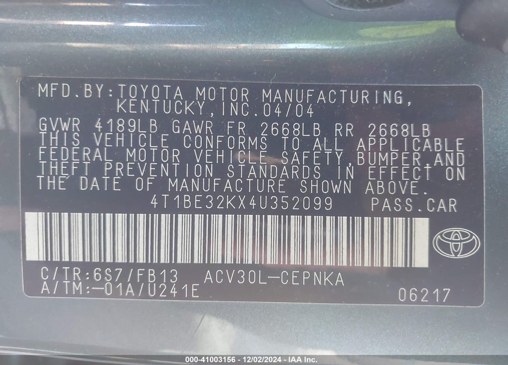 2004 TOYOTA CAMRY LE VIN: 4T1BE32KX4U352099