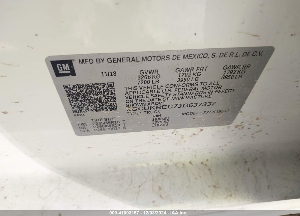 2018 CHEVROLET SILVERADO 1500 LT VIN: 3GCUKREC7JG637337