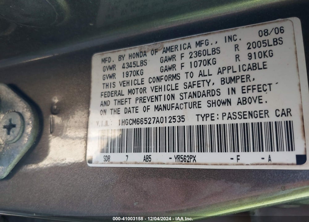 2007 HONDA ACCORD 3.0 EX VIN: 1HGCM66527A012535