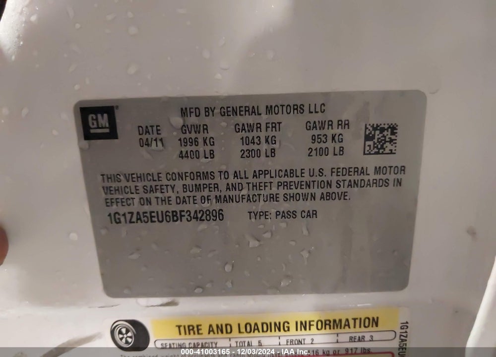 2011 CHEVROLET MALIBU LS VIN: 1G1ZA5EU6BF342896