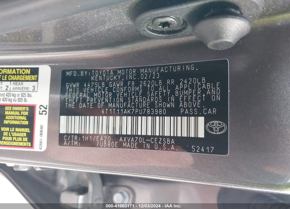 2023 TOYOTA CAMRY SE VIN: 4T1T11AK7PU783980