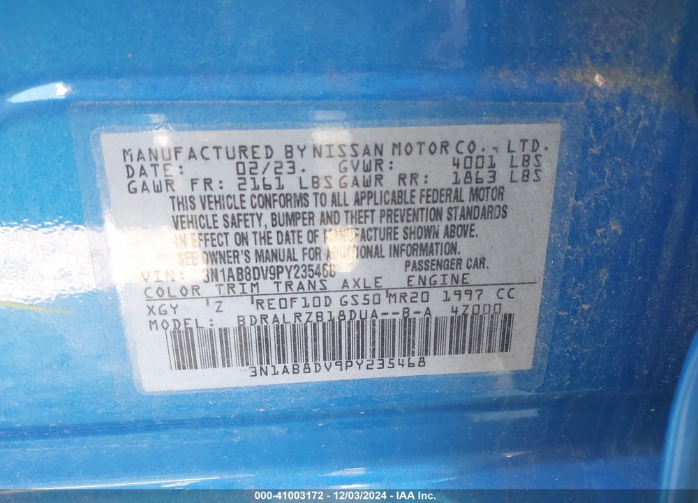 2023 NISSAN SENTRA VIN: 3N1AB8DV9PY235468