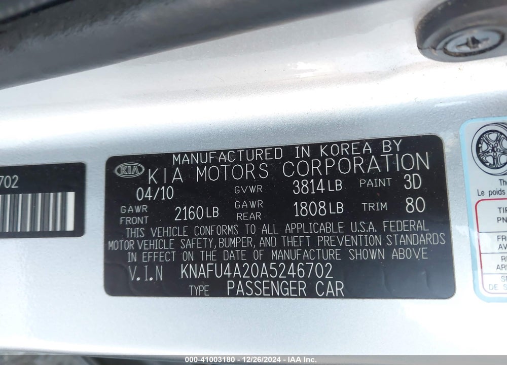 2010 KIA FORTE EX VIN: KNAFU4A20A5246702