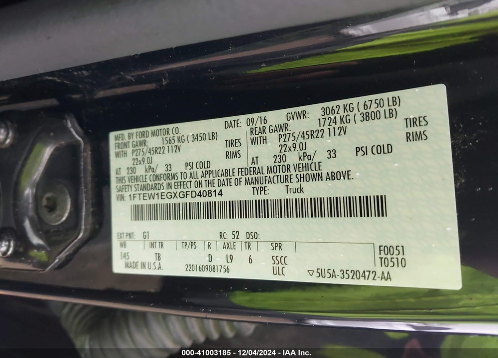 2016 FORD F-150 LIMITED VIN: 1FTEW1EGXGFD40814