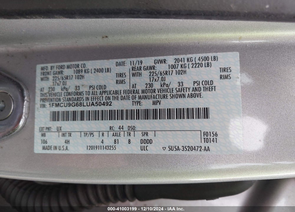 2020 FORD ESCAPE SE VIN: 1FMCU9G68LUA50492