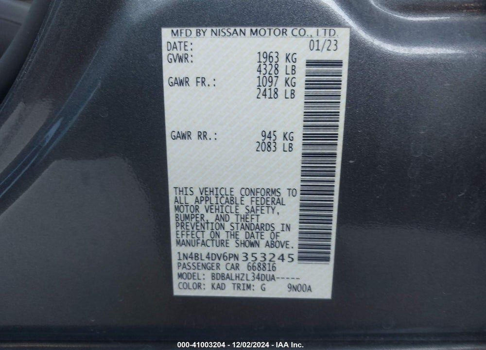 2023 NISSAN ALTIMA SV FWD VIN: 1N4BL4DV6PN353245