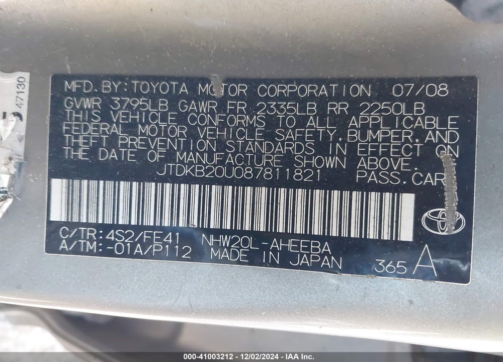 2008 TOYOTA PRIUS VIN: JTDKB20U087811821