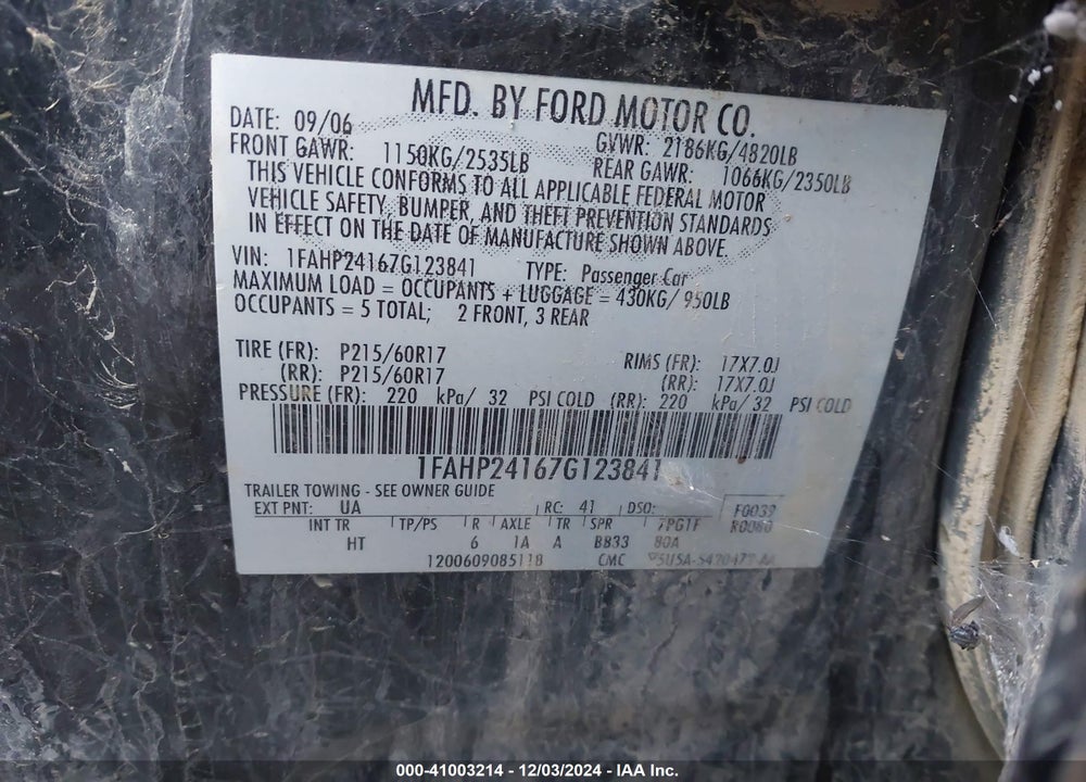 2007 FORD FIVE HUNDRED SEL VIN: 1FAHP24167G123841