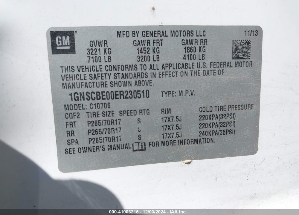2014 CHEVROLET TAHOE LT VIN: 1GNSCBE00ER230510