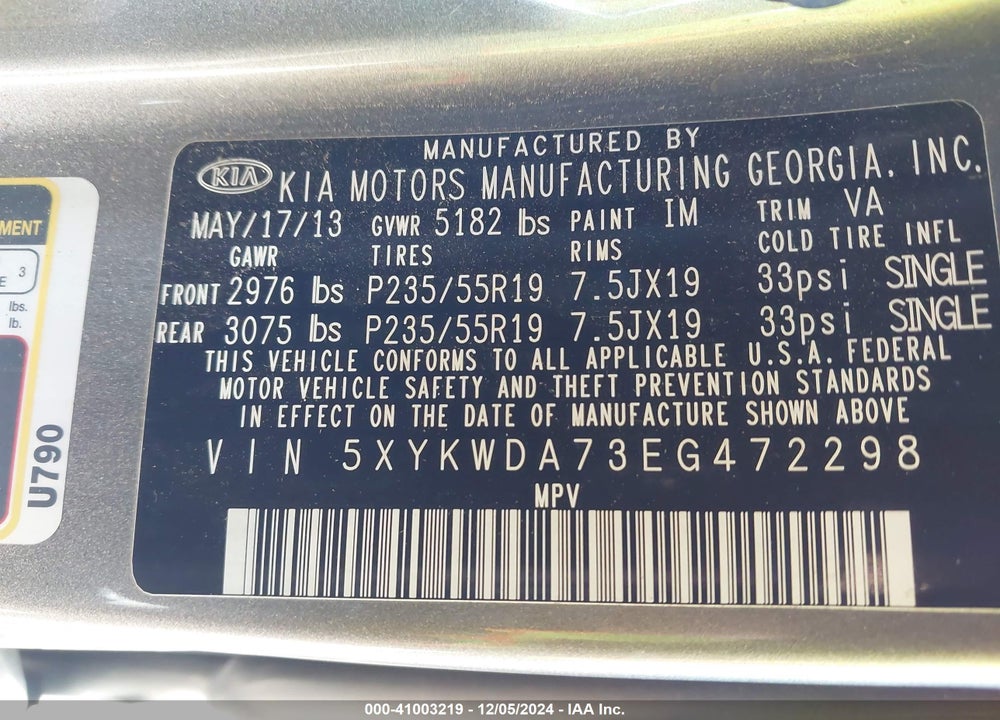 2014 KIA SORENTO LIMITED V6 VIN: 5XYKWDA73EG472298