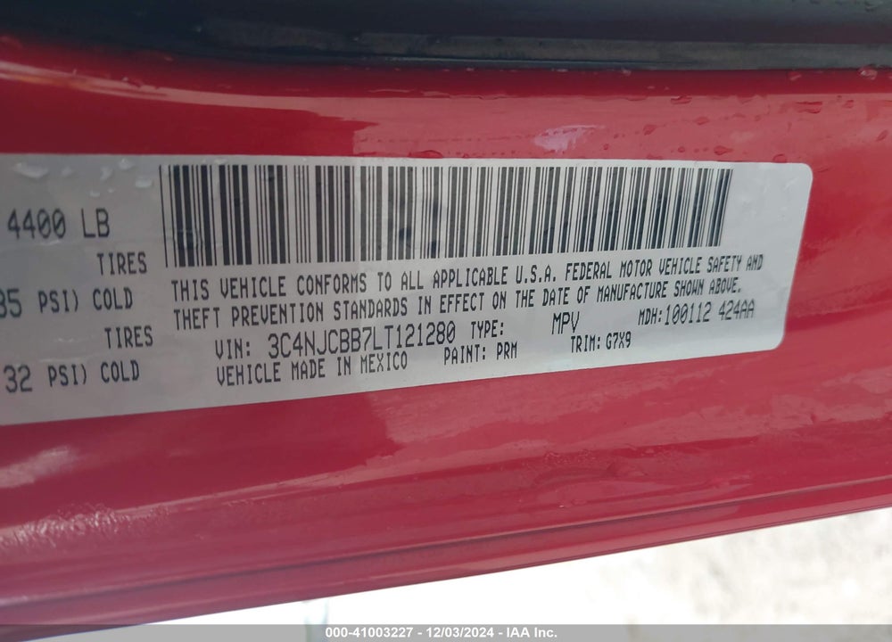 2020 JEEP COMPASS ALTITUDE FWD VIN: 3C4NJCBB7LT121280
