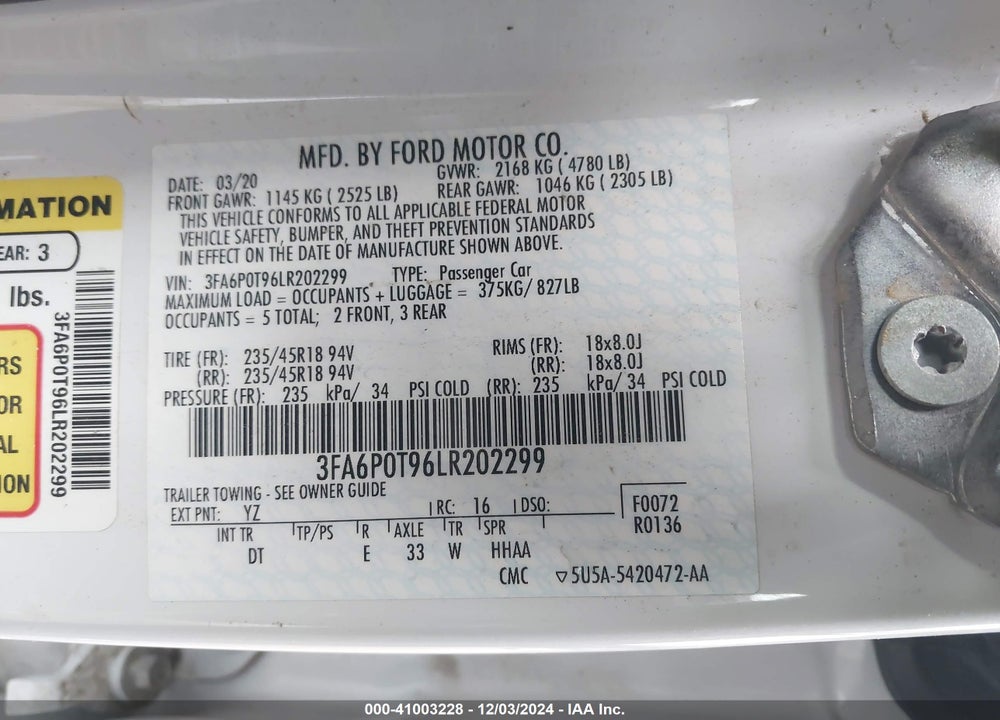 2020 FORD FUSION VIN: 3FA6P0T96LR202299