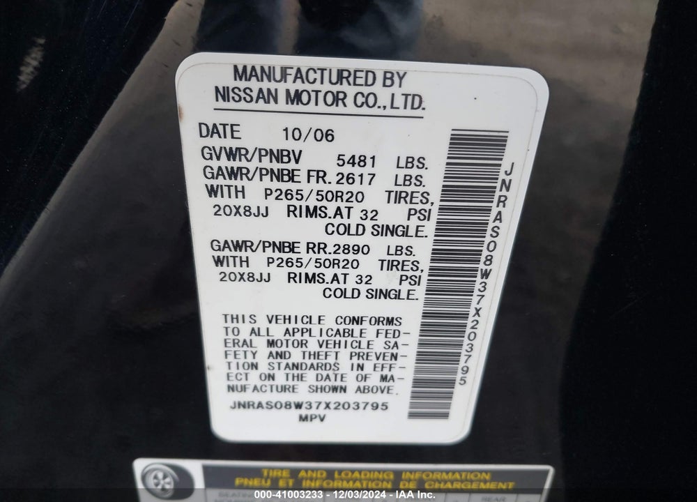 2007 INFINITI FX35 VIN: JNRAS08W37X203795