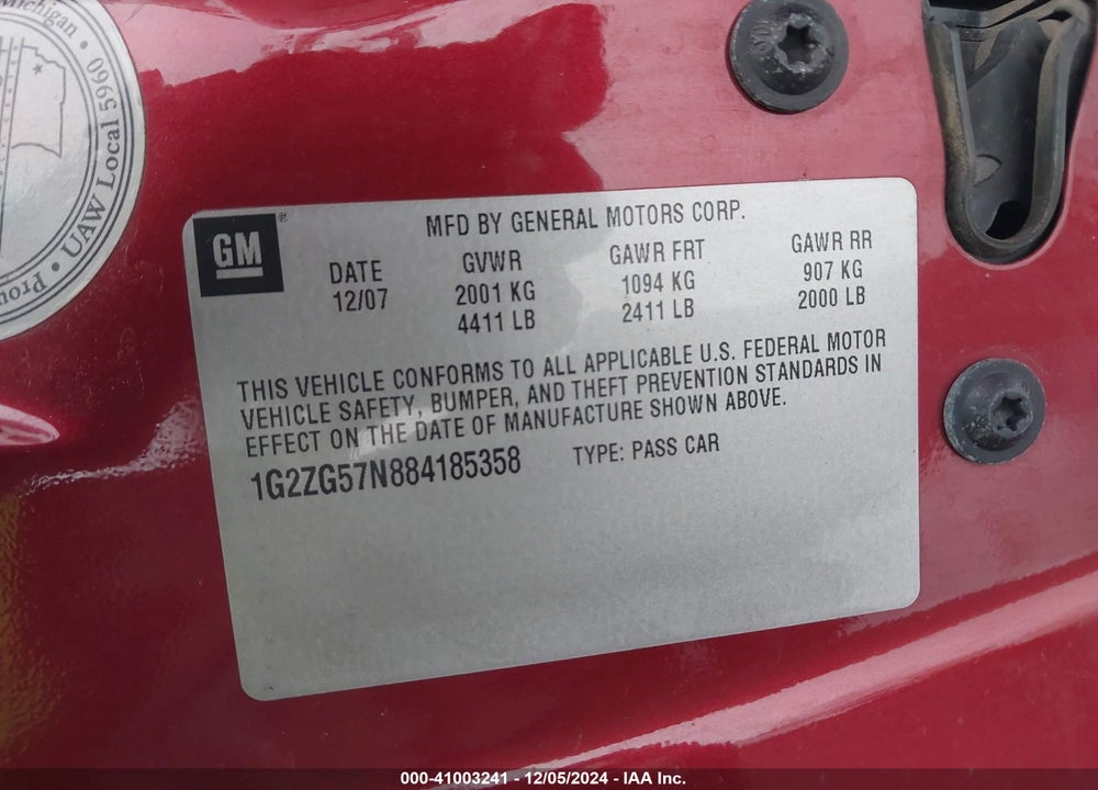 2008 PONTIAC G6 VIN: 1G2ZG57N884185358