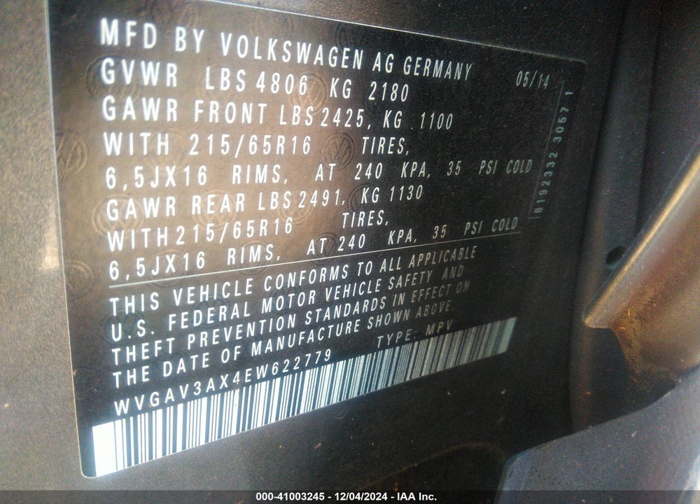 2014 VOLKSWAGEN TIGUAN S VIN: WVGAV3AX4EW622779