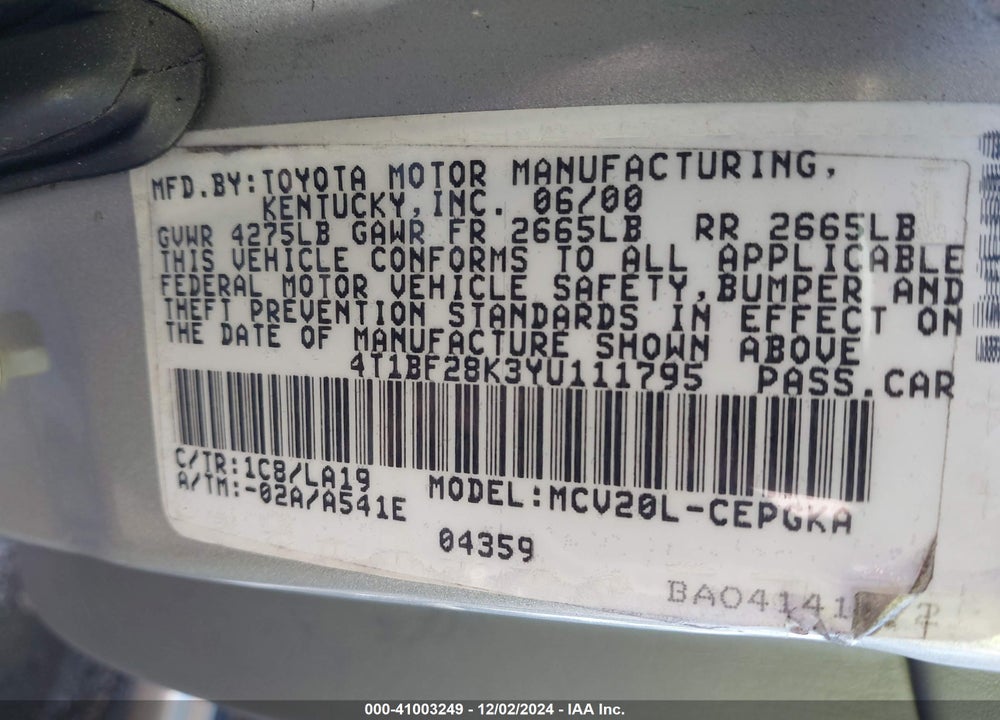 2000 TOYOTA CAMRY XLE V6 VIN: 4T1BF28K3YU111795