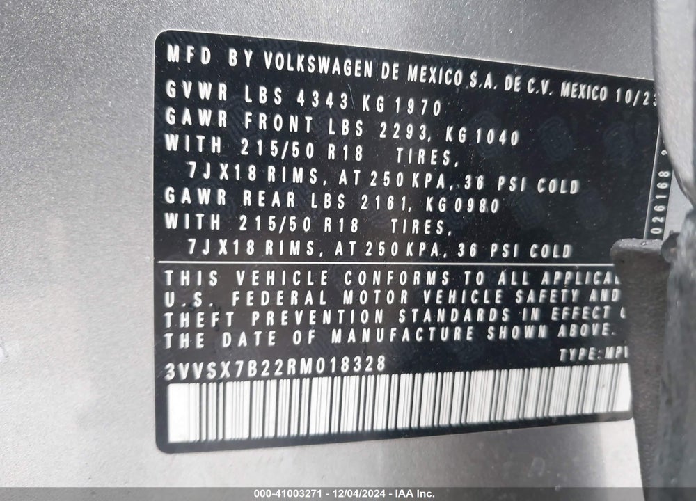 2024 VOLKSWAGEN TAOS 1.5T SE VIN: 3VVSX7B22RM018328
