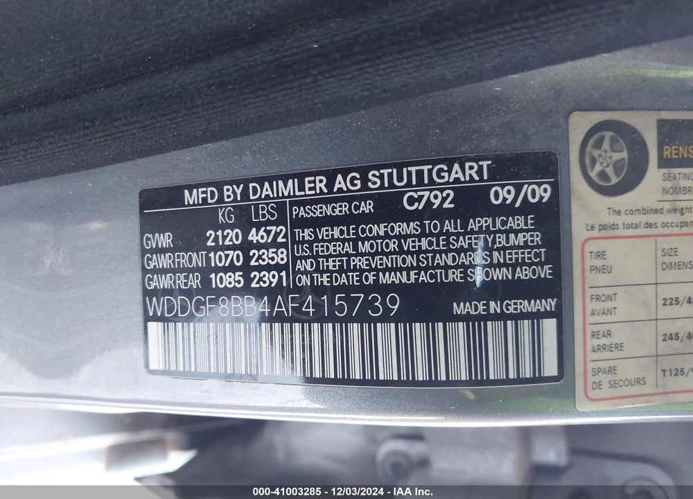 2010 MERCEDES-BENZ C 300 VIN: WDDGF8BB4AF415739