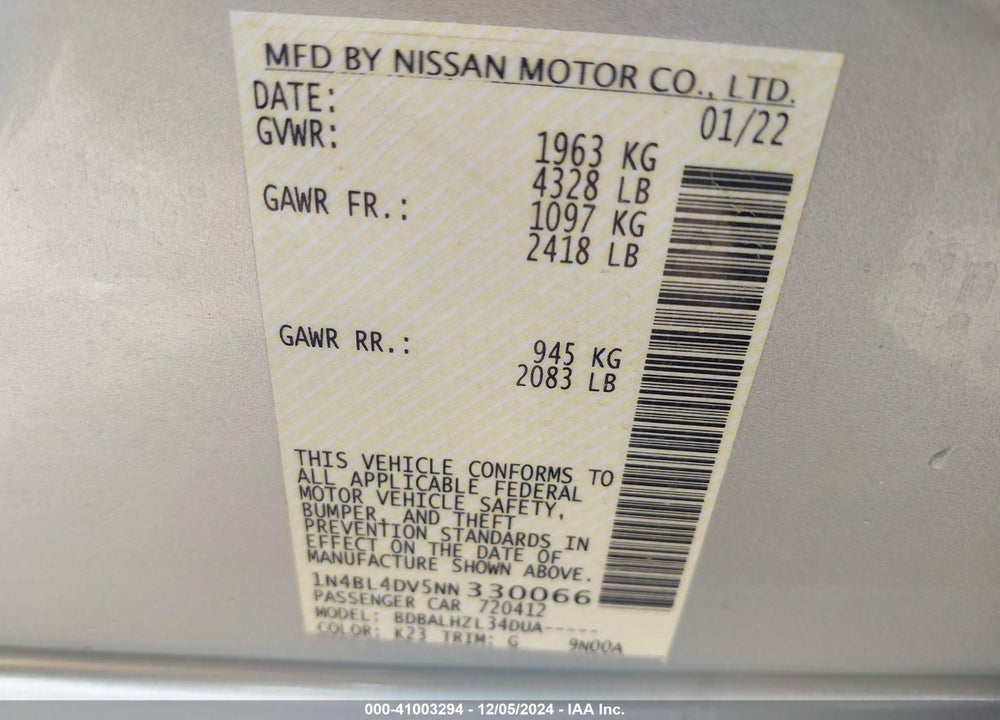 2022 NISSAN ALTIMA SV FWD VIN: 1N4BL4DV5NN330066