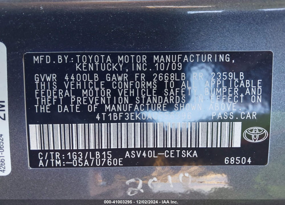 2010 TOYOTA CAMRY SE VIN: 4T1BF3EK0AU556396