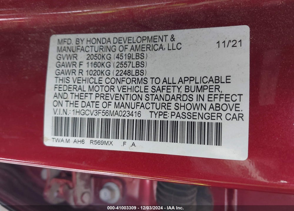 2021 HONDA ACCORD HYBRID EX-L VIN: 1HGCV3F56MA023416