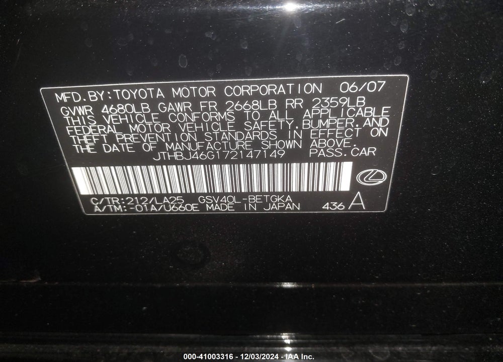 2007 LEXUS ES 350 VIN: JTHBJ46G172147149