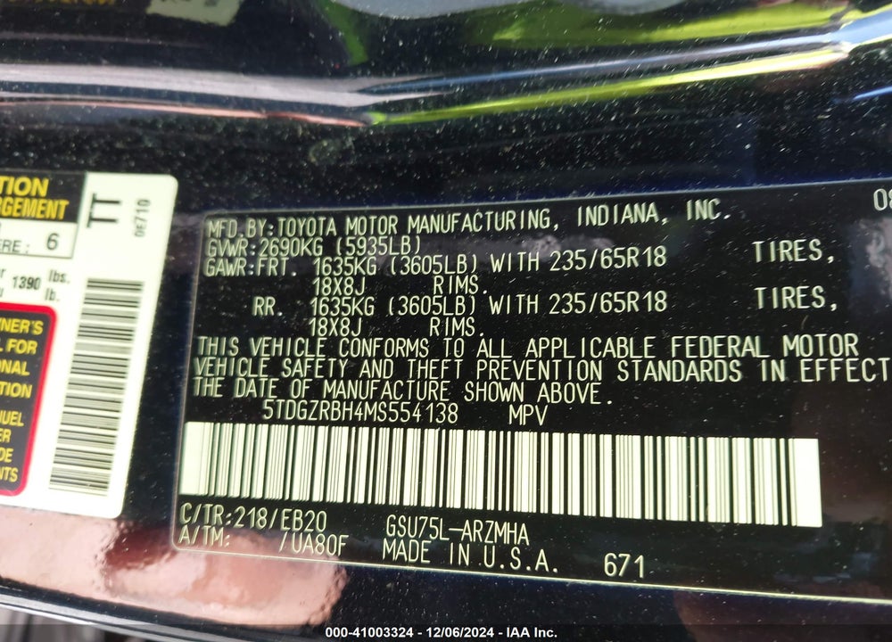 2021 TOYOTA HIGHLANDER VIN: 5TDGZRBH4MS554138