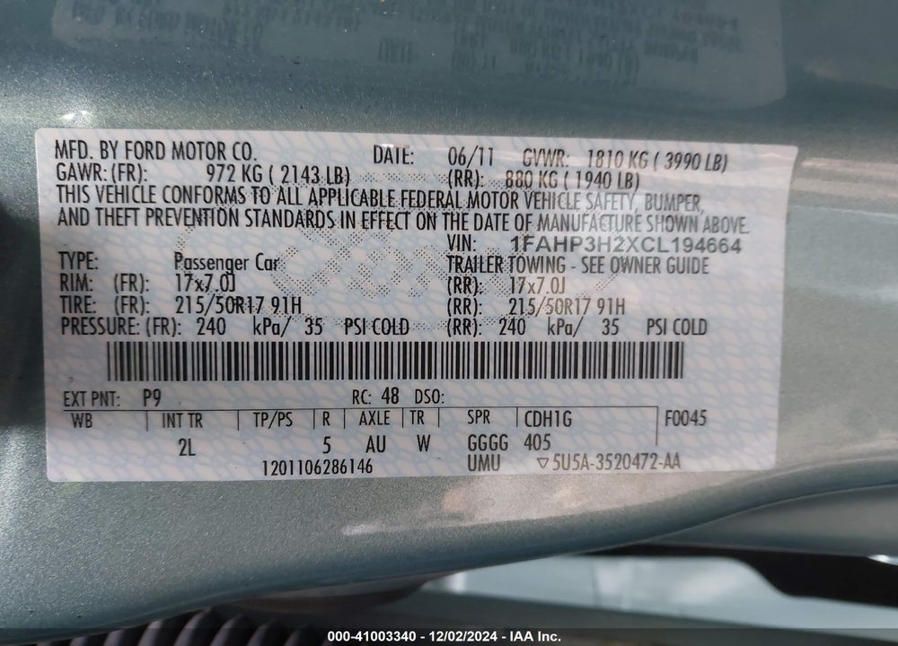 2012 FORD FOCUS SEL VIN: 1FAHP3H2XCL194664