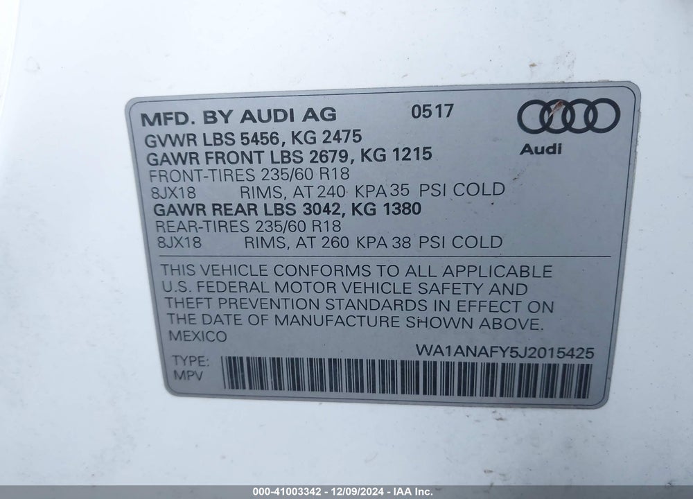 2018 AUDI Q5 2.0T PREMIUM/2.0T TECH PREMIUM VIN: WA1ANAFY5J2015425