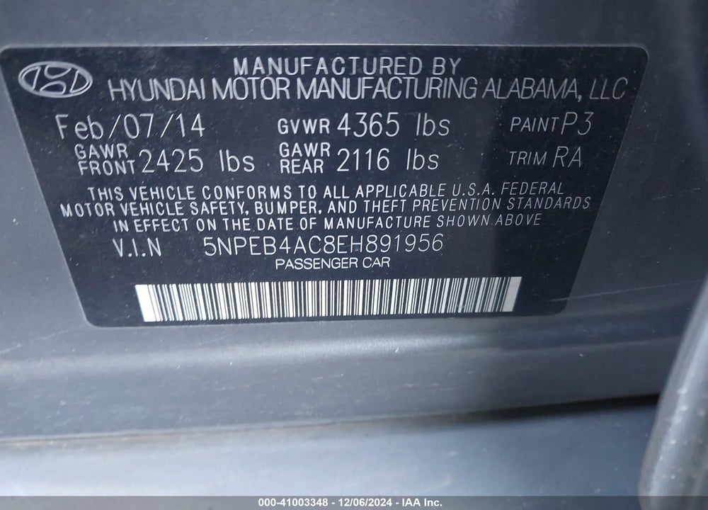 2014 HYUNDAI SONATA GLS VIN: 5NPEB4AC8EH891956