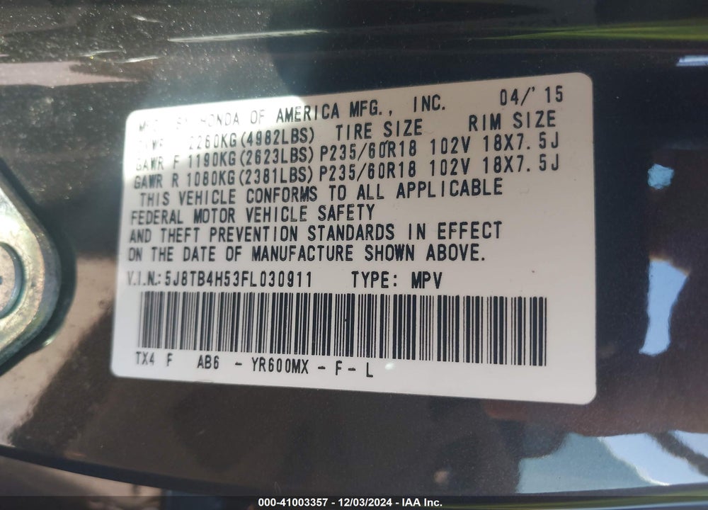 2015 ACURA RDX VIN: 5J8TB4H53FL030911