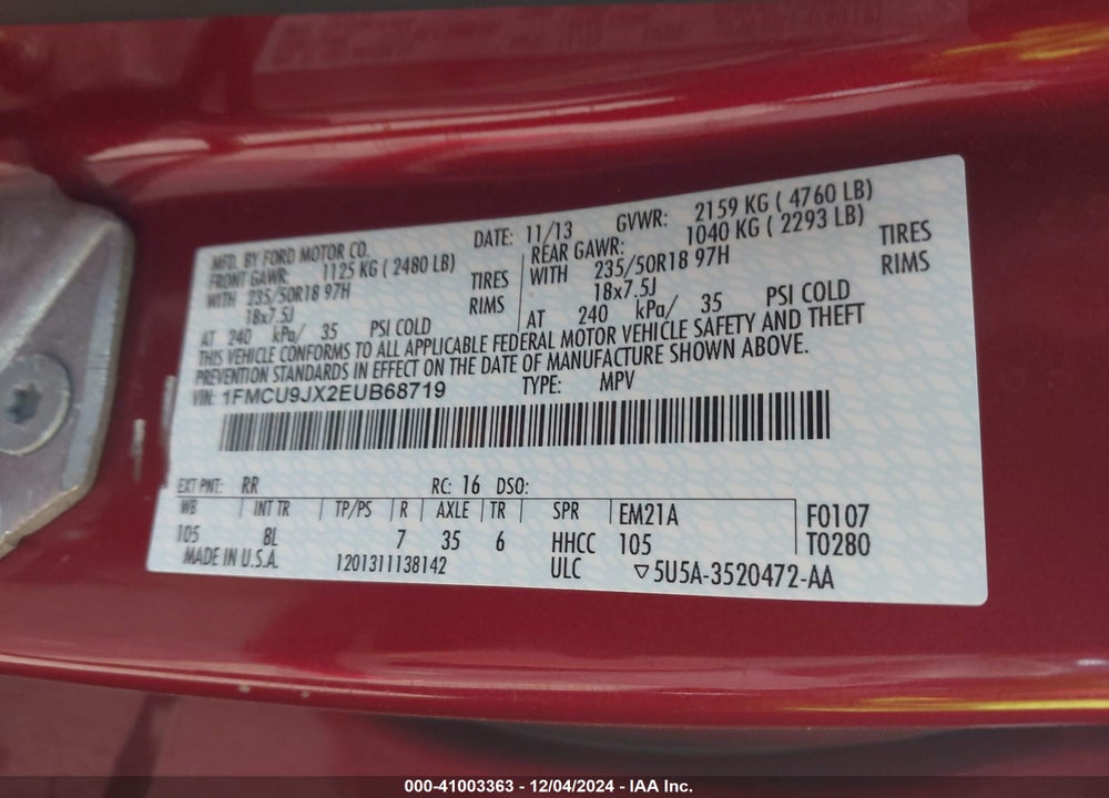 2014 FORD ESCAPE TITANIUM VIN: 1FMCU9JX2EUB68719