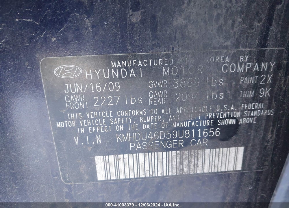 2009 HYUNDAI ELANTRA GLS VIN: KMHDU46D59U811656