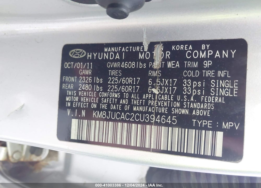 2012 HYUNDAI TUCSON GLS VIN: KM8JUCAC2CU394645