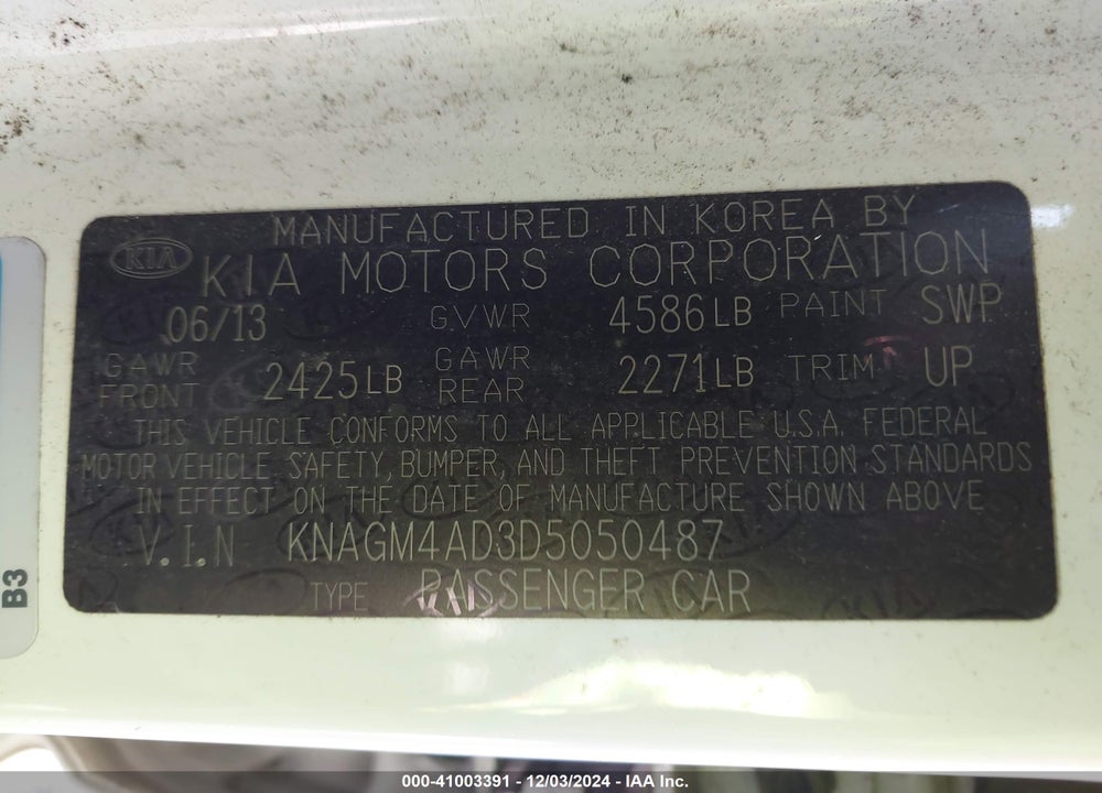 2013 KIA OPTIMA HYBRID VIN: KNAGM4AD3D5050487