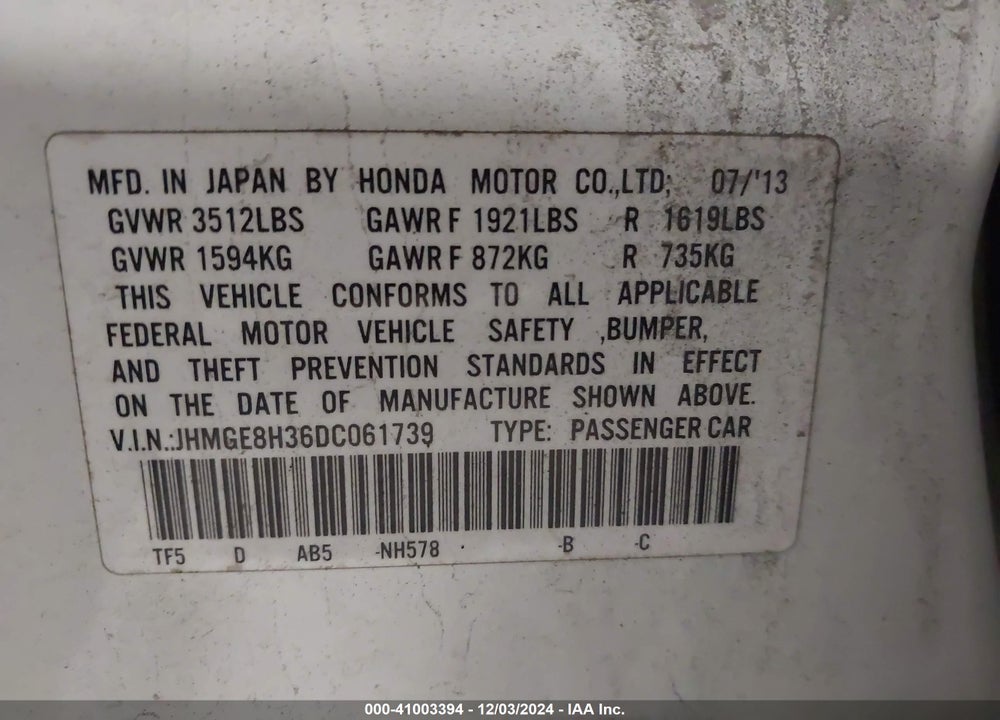 2013 HONDA FIT VIN: JHMGE8H36DC061739