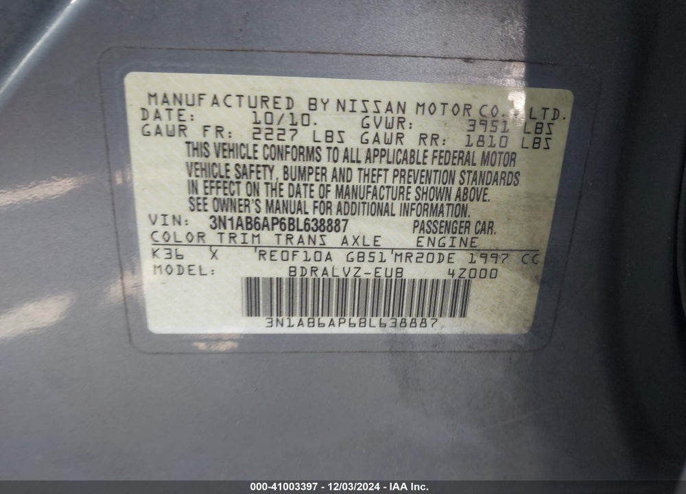 2011 NISSAN SENTRA 2.0SL VIN: 3N1AB6AP6BL638887