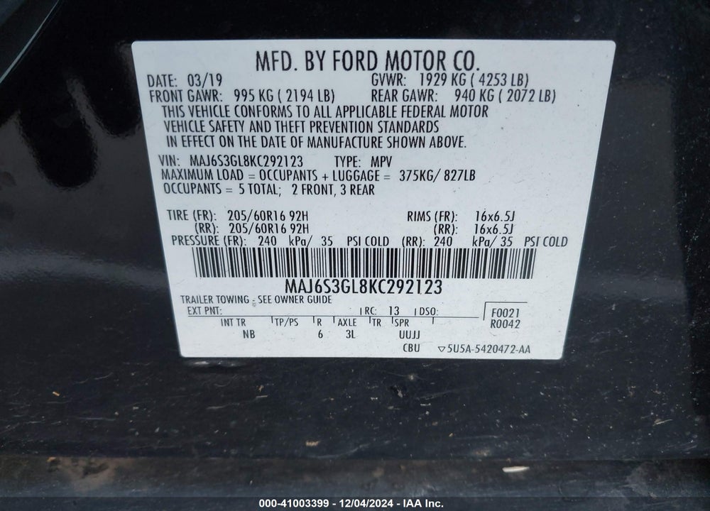 2019 FORD ECOSPORT SE VIN: MAJ6S3GL8KC292123