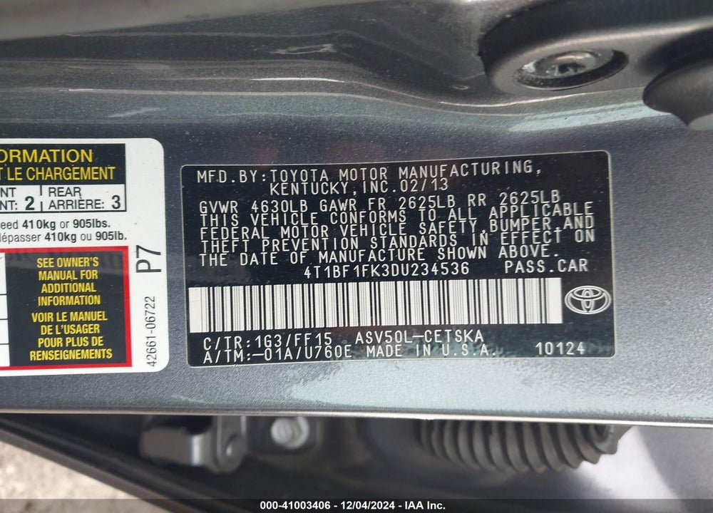 2013 TOYOTA CAMRY SE VIN: 4T1BF1FK3DU234536