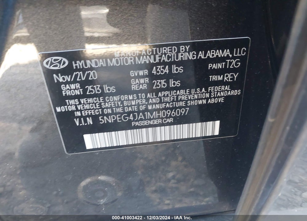 2021 HYUNDAI SONATA SE VIN: 5NPEG4JA1MH096097