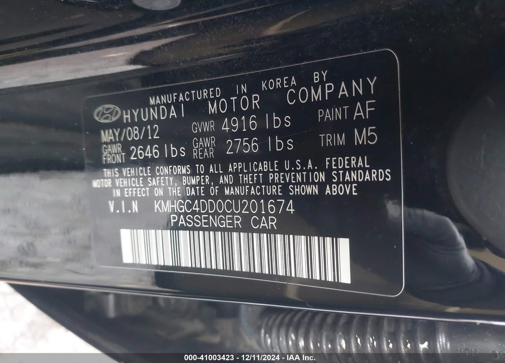 2012 HYUNDAI GENESIS 3.8 VIN: KMHGC4DD0CU201674