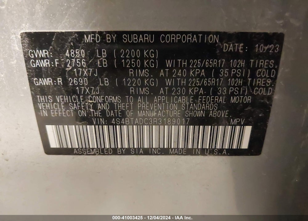 2024 SUBARU OUTBACK PREMIUM VIN: 4S4BTADC3R3189017