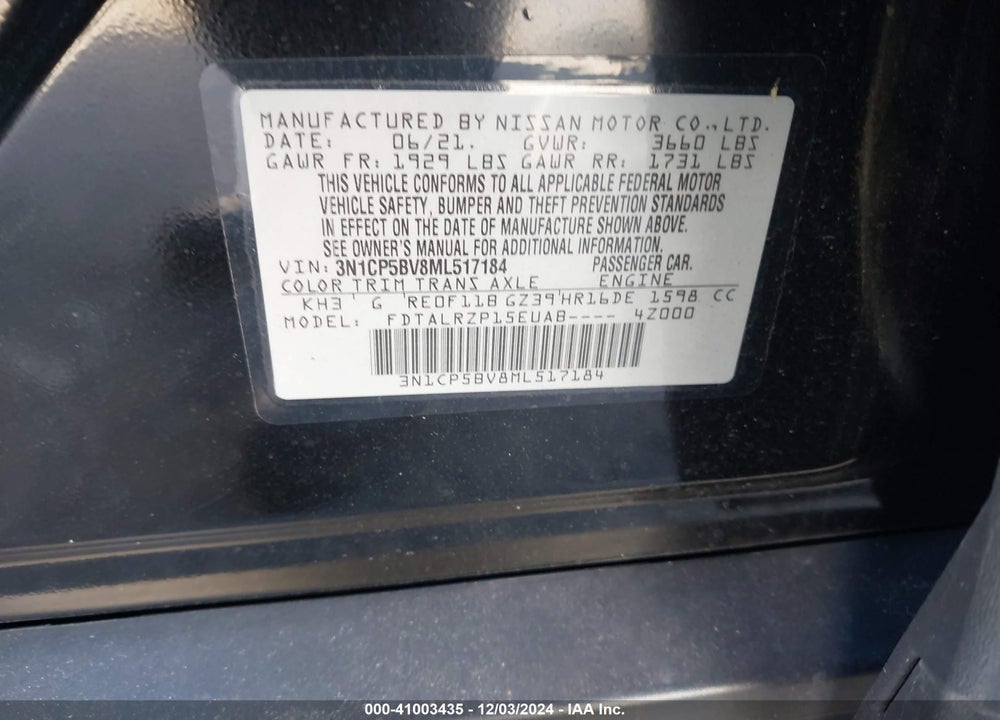 2021 NISSAN KICKS S XTRONIC CVT VIN: 3N1CP5BV8ML517184