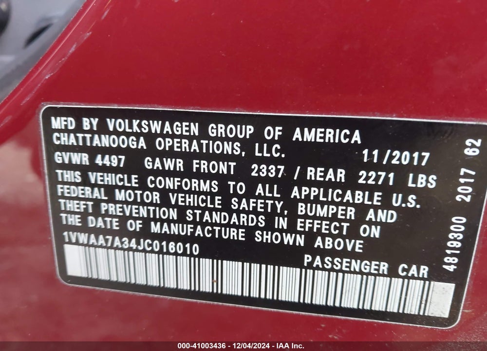 2018 VOLKSWAGEN PASSAT 2.0T R-LINE/2.0T S VIN: 1VWAA7A34JC016010