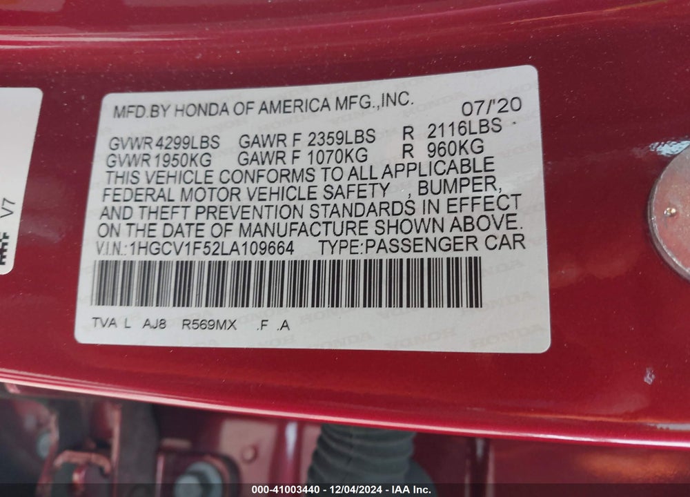 2020 HONDA ACCORD EX-L VIN: 1HGCV1F52LA109664