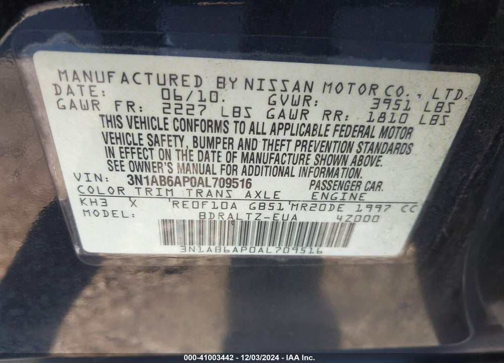 2010 NISSAN SENTRA 2.0S VIN: 3N1AB6AP0AL709516
