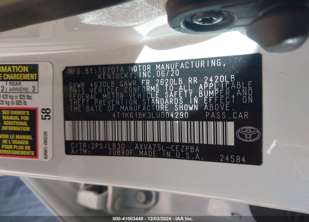 2020 TOYOTA CAMRY XSE AWD VIN: 4T1K61BK3LU004290